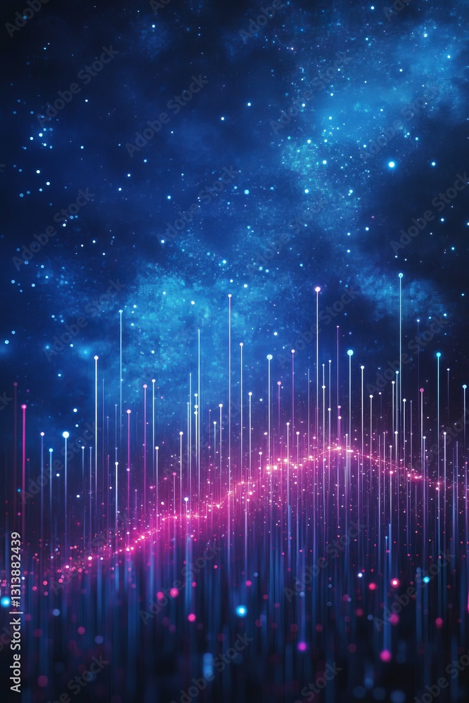 Poster futuristic digital data visualization with vibrant neon lines and abstract cosmic design