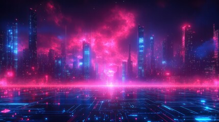 Fototapeta premium Futuristic city skyline bathed in vibrant neon light, digital grid floor