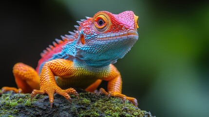 Fototapeta premium colorful lizard perched on a mossy branch in natural habitat