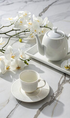 Fototapeta premium A delicate white tea set, including a teapot and cup