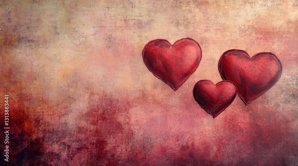 Poster three red hearts floating against abstract textured background