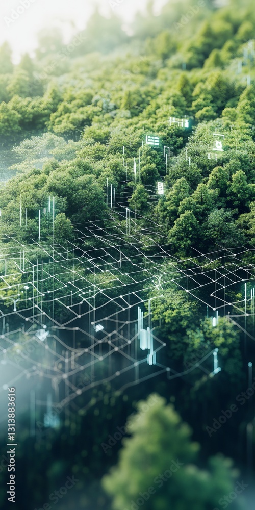 Poster this image depicts a futuristic representation of environmental monitoring, showcasing a forest land