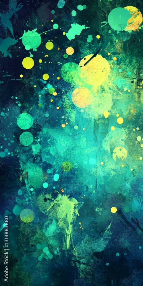 Poster This vibrant abstract background features dynamic blue and green circular shapes, creating a whimsical atmosphere filled with artistic splashes and textures.