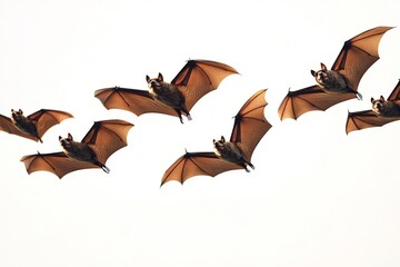A mesmerizing display of bats flying gracefully against a bright sky, showcasing their unique wing structures and behavior in a serene outdoor setting.