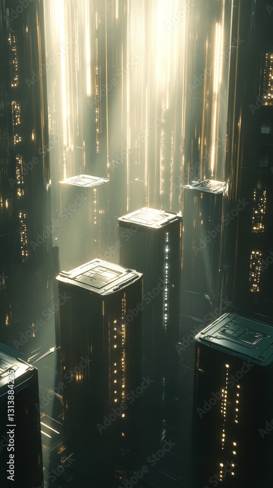 Poster this captivating image showcases a futuristic cityscape surrounded by towering metallic structures a