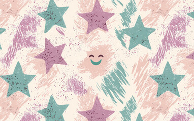 Happy Face Amidst Pastel Stars and Textured Brushstrokes