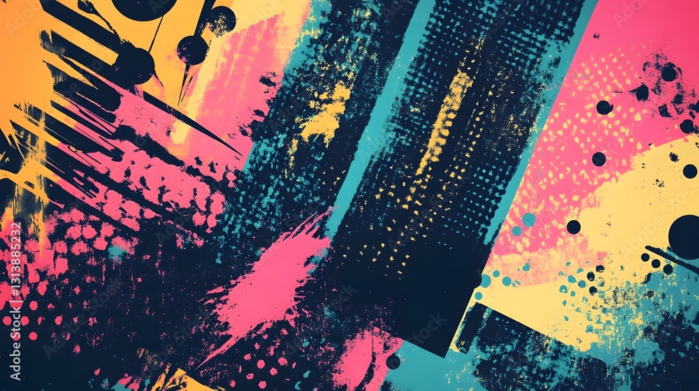 Poster vibrant abstract art composition with splattered paint strokes and fluid digital effects