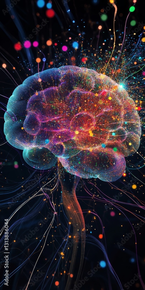 Poster a vibrant and colorful abstract representation of a brain, with dazzling light trails and dots again