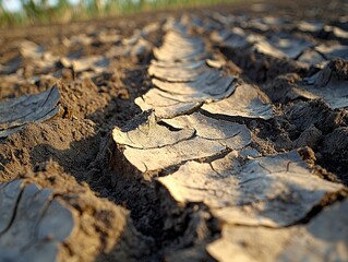 Close-up of degraded arable soil with visible nutrient depletion, faded vegetation, dry and cracked earth, struggling crop roots exposed, high-resolution macro shot