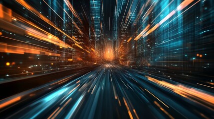 Obraz premium Experience the thrill of a futuristic cityscape filled with vibrant lights and dynamic motion. This image captures the essence of modern urban life at night.