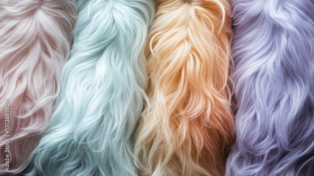 Poster four vertical sections displaying different colors of wavy textured fur