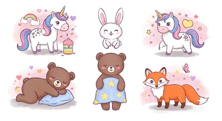 Fototapeta premium Cute Cartoon Animals Collection with Unicorns Bunny Bears and Fox