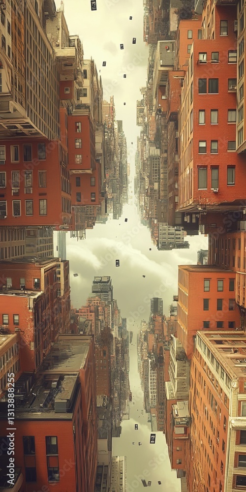 Poster a captivating urban landscape featuring a unique vertical perspective. the skyline blends modern arc
