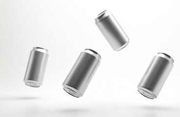Fototapeta premium Four silver aluminum cans float mid-air isolated on white background. Metal containers for soda beverage. Empty drink cans soar, minimalist design. Modern metallic chrome tin photo concept. Recycling