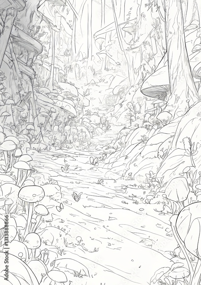 Poster nature-themed coloring pages for adults with an array of butterflies and mushrooms