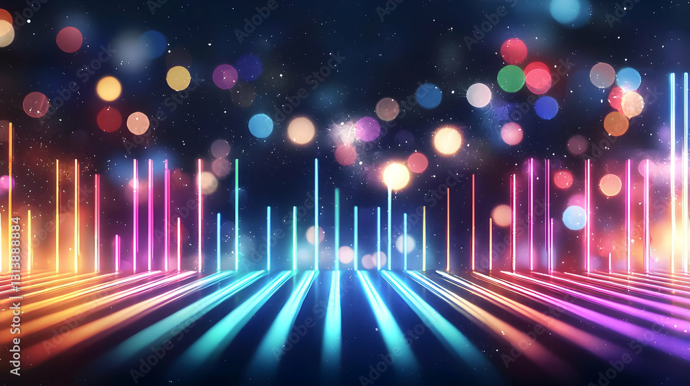 Aufkleber Vivid Neon Lights Dance in Rhythmic Harmony Across a Dark Stage Illuminated by Colorful Bokeh Effect Creating a Dynamic Abstract Background with a