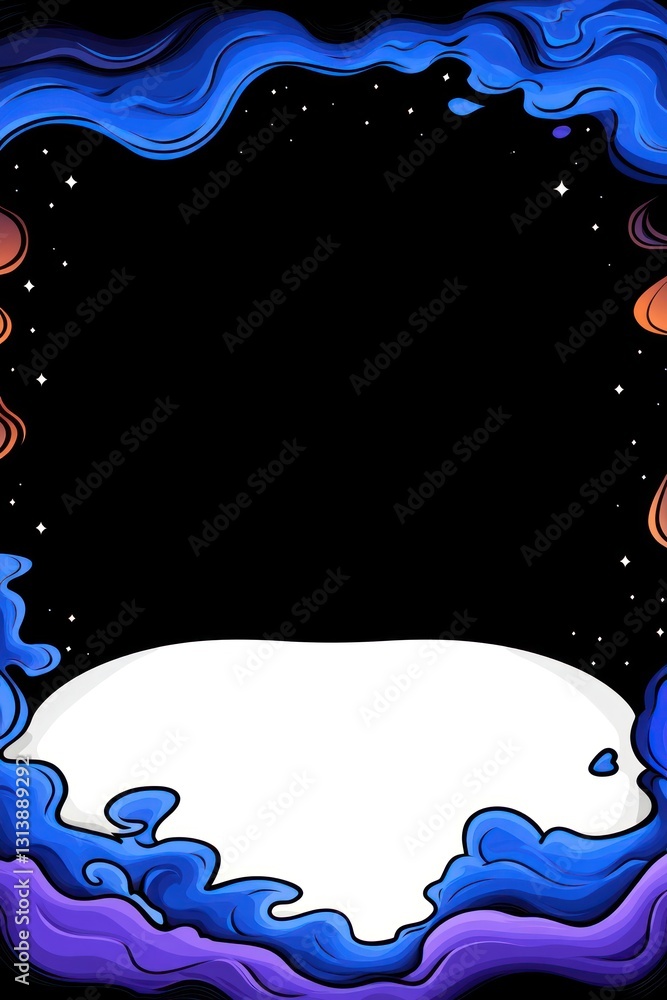 Poster cosmic frame fluid swirls cascade around empty space amid distant stars, offering custom placement