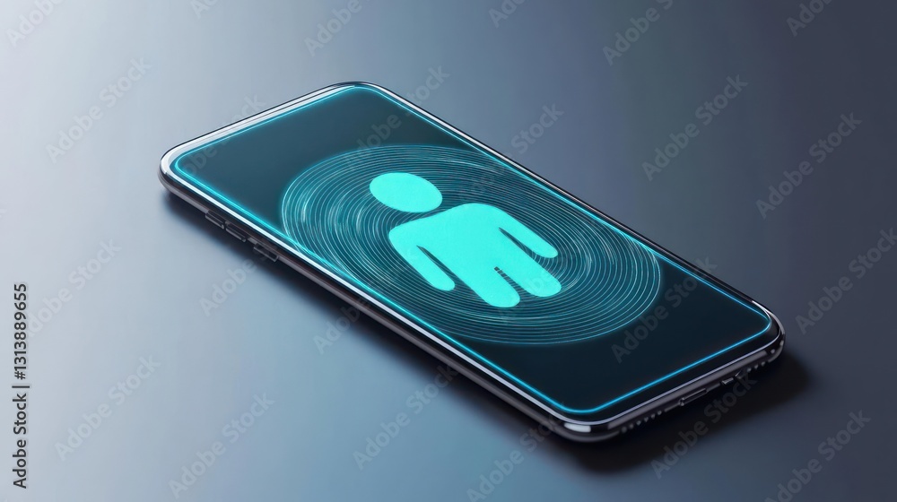 Poster isometric view of smartphone displaying fingerprint biometric security on blue gradient background