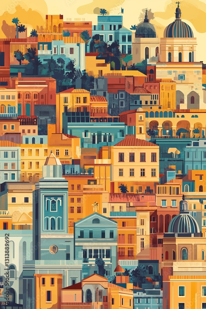 Poster a vibrant and artistic depiction of a colorful cityscape featuring an array of historic buildings an