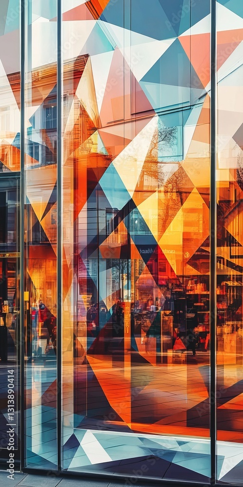 Poster vibrant abstract geometric patterns create stunning reflections in urban glass windows, showcasing m