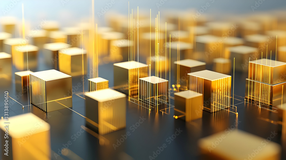 Aufkleber abstract 3d render of golden cubes on a dark reflective surface with glowing vertical lines