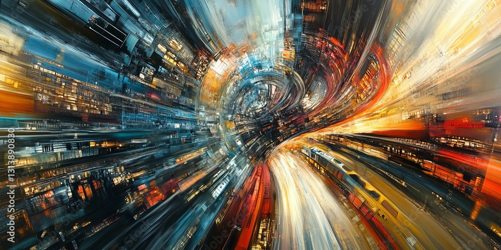 Poster this vibrant abstract image captures a dynamic urban landscape characterized by motion blur and ligh