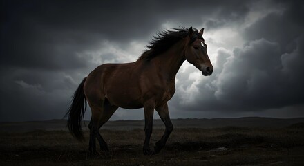 Obraz premium Horse Walking Across Field with Dark Dramatic Sky in Background
