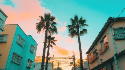 Fototapeta premium Vibrant Urban Sunset with Palm Trees and Colorful Sky Backgrounds