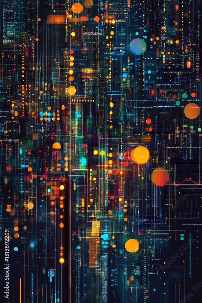 Poster vibrant abstract digital artwork featuring colorful circles, glowing lines, and intricate patterns s