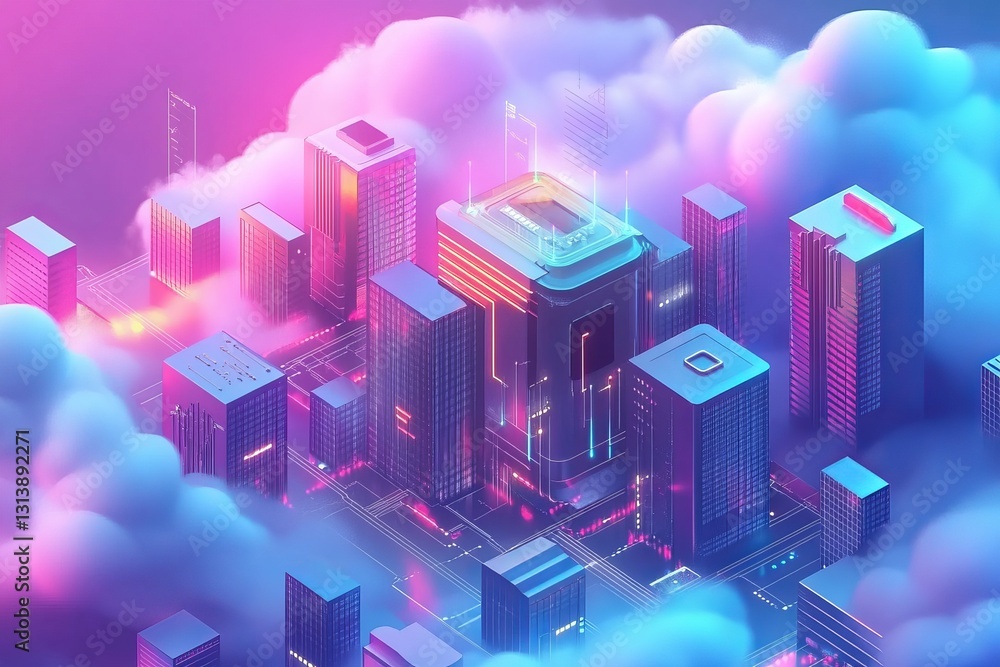 Aufkleber this image showcases a vibrant futuristic cityscape, enveloped in colorful clouds and illuminated by