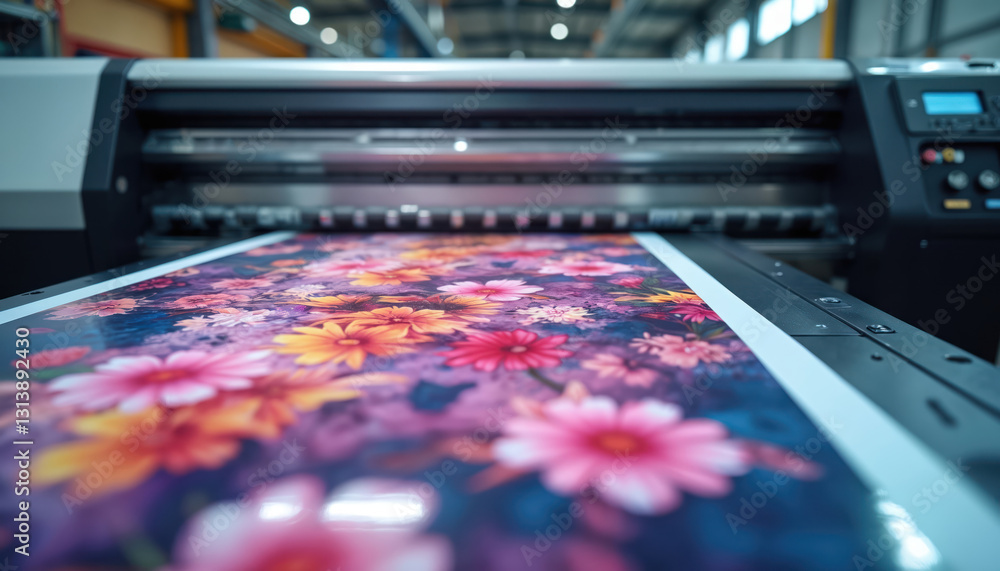 Poster large format printer prints vibrant colorful flower image. advanced inkjet tech on factory. digital 