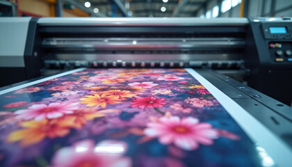 Large format printer prints vibrant colorful flower image. Advanced inkjet tech on factory. Digital printing process, sticker production, poster creation. Automated machinery, colourful design on