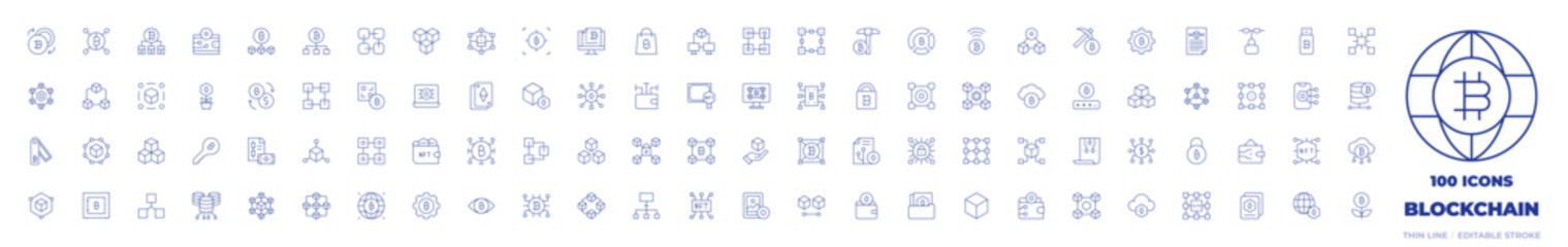 100 Blockchain Icons Collection. Thin line icon. Editable stroke. bitcoin, blockchain, cloud, digital wallet, qr code, Blockchain, art, block, safe, cards, chart, eye