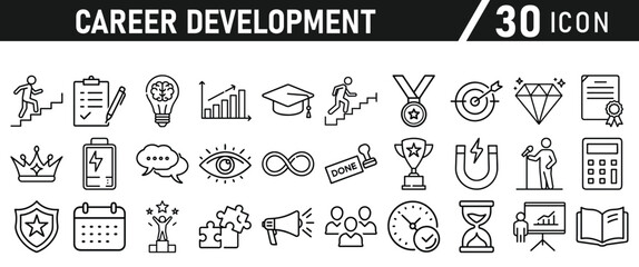Career Development icon set. Success winner, business goal, challenge line style icon. Professional business career, goal collection. Vector illustration