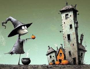 A Halloween coloring page featuring houses, pumpkins, and a witch, designed for kids to draw. Print on standard 8.5 x 11 inch paper at 300 dpi for high-quality output