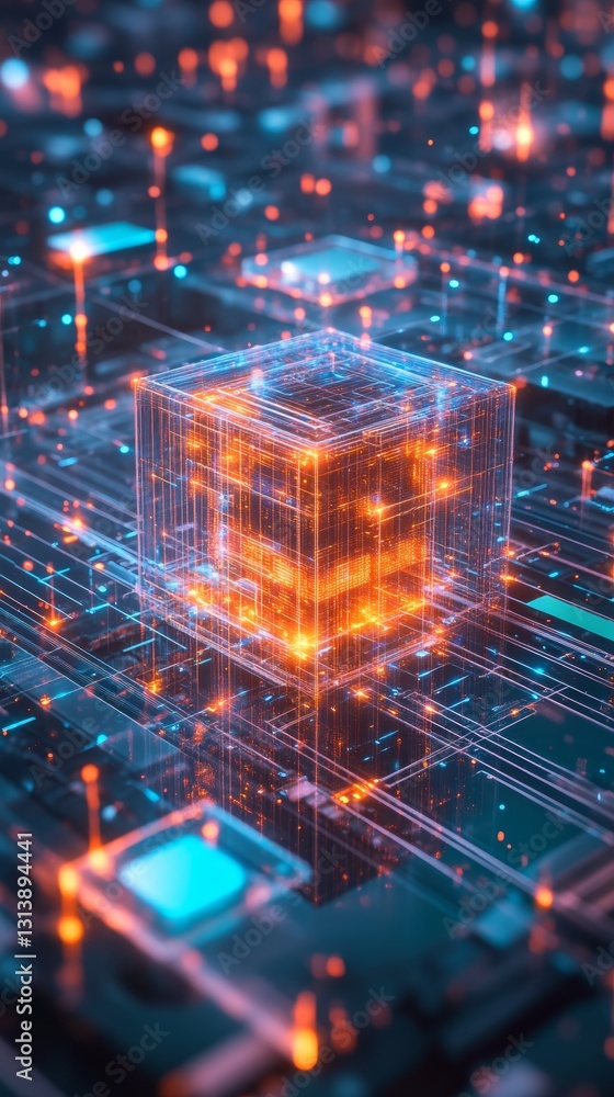 Poster futuristic digital data cube in illuminated technology network
