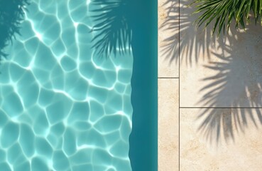 Plakat Top view shot swimming pool background. Palm shadow on travertine stone near clean water. Summer vacation at luxury spa hotel. Blue rippled water surface. Relaxation concept.