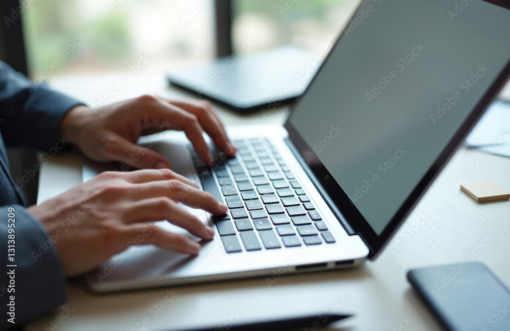 Poster Businessman types content on laptop keyboard. Man browse website, optimizes seo engine, searches information. Male works online, uses digital device for data analysis in cyberspace. Office background.