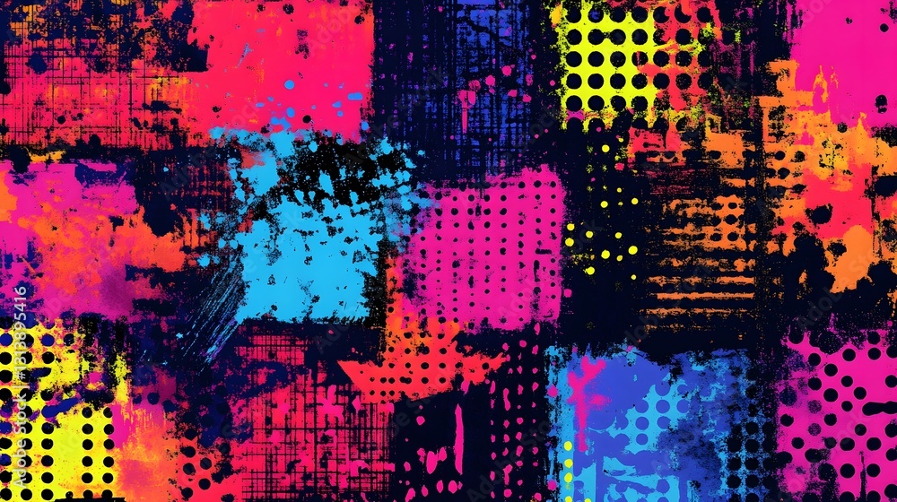 Poster Vibrant Abstract Geometric Digital Art Composition with Mesmerizing Neon Shapes and Patterns
