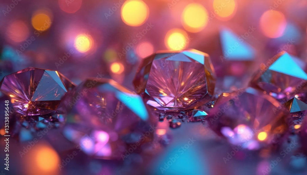 Poster close-up of crystal facets with sparkling highlights. macro shot of gem with geometric polygonal pat