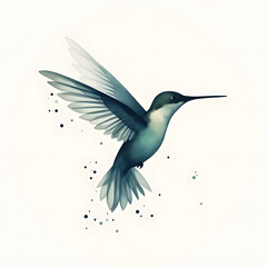 Fototapeta premium Stylized hummingbird emblem in flight with sharp geometric wings and soft ink wash shading, featuring a sleek and elegant silhouette in a modern minimalist design