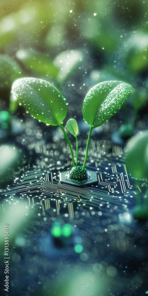 Poster a captivating image of green seedlings emerging from a circuit board, symbolizing the fusion of tech