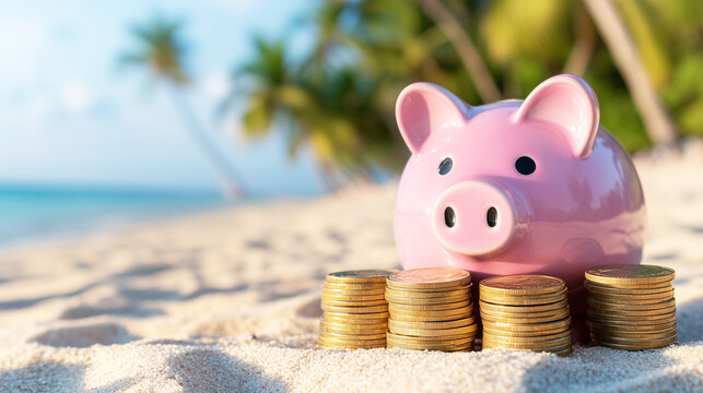 Piggy bank with stacks of coins on tropical beach symbolizing saving money for summer vacation