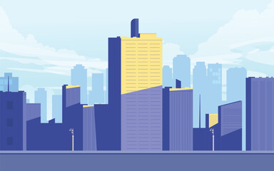 Obraz premium A stylized Vactor illustration of a city skyline with a modern and artistic aesthetic. The buildings have a geometric, minimalistic design, featuring a mix of dark blue, purple, and yellow tones