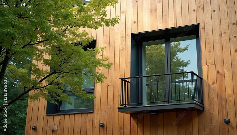 Poster modern building featuring light wood siding, black framed windows. green tree branches complement fa