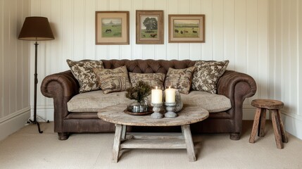 Cozy vintage living room with leather sofa and rustic decor elements