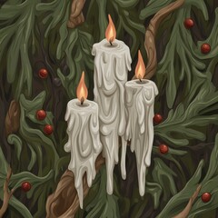 In a digital art illustration, three Christmas candles are beautifully framed by red berries and pine branches