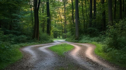 Winding dirt road splitting in two directions in lush green forest