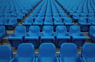 Naklejka premium Rows of empty blue seats in stadium stands. Sport arena before game or after match. Perspective view of vacant seats. Architecture of large modern facility. Organized symmetric structure outdoors.