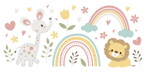 Cute Boho Safari Animals Illustration – Pastel Lion, Elephant, Rainbow & Nature Elements